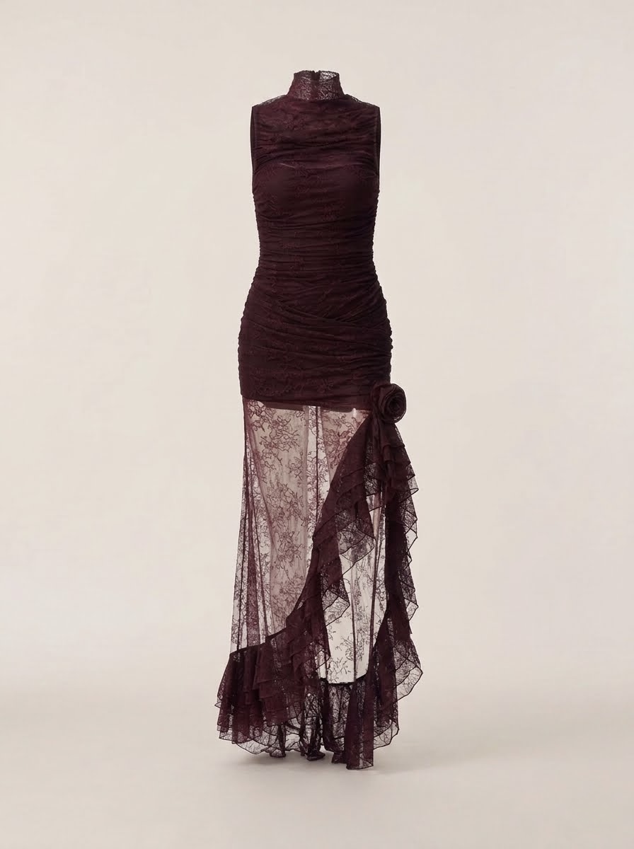 Austere Maxi Dress in Maroon Lace