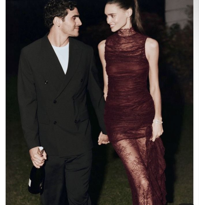 Austere Maxi Dress in Maroon Lace — editorial couple night