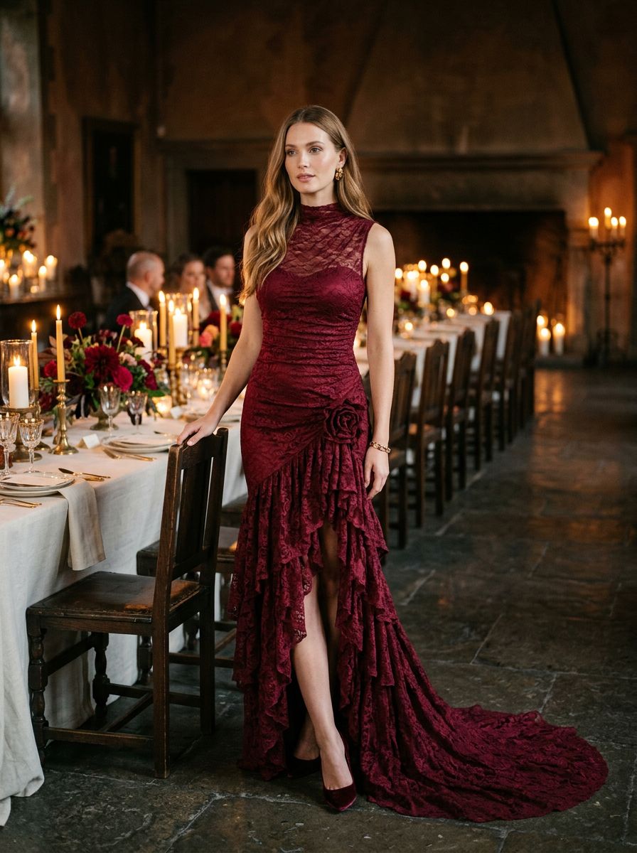 Austere Maxi Dress in Maroon Lace — candlelit banquet