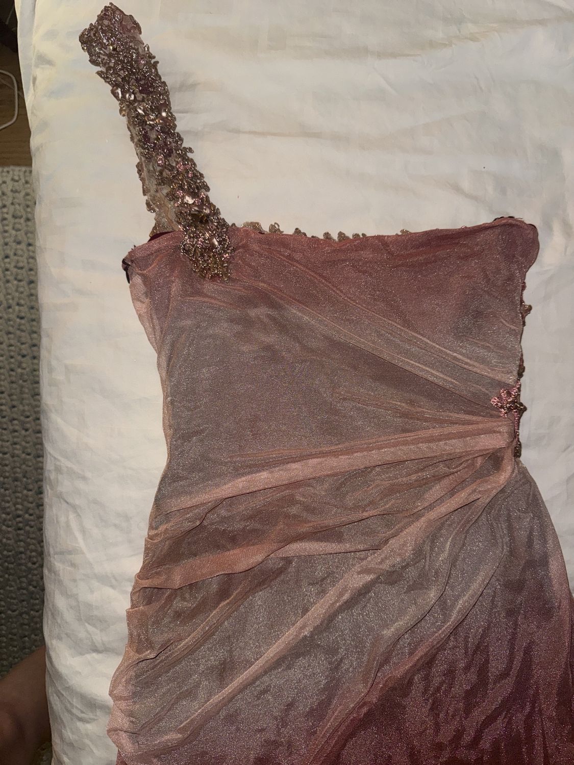 Vintage Beaded One-Shoulder Mini — detail strap bodice drape
