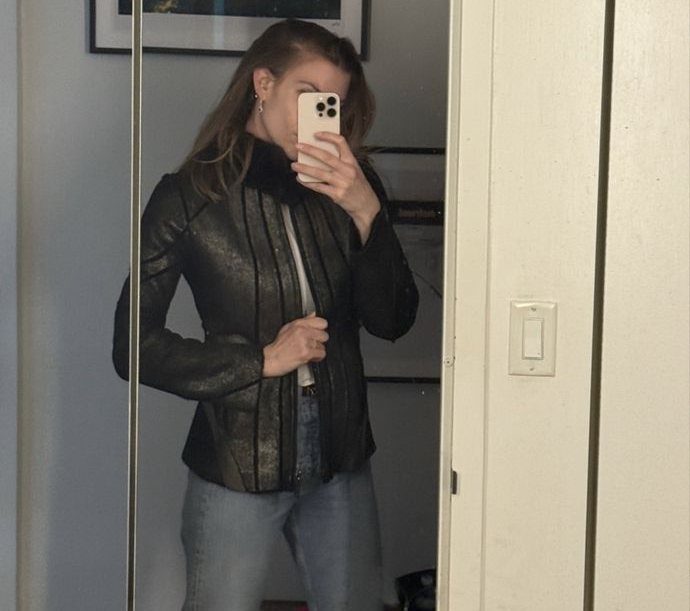 Metallic Leather Shearling Jacket — mirror detail