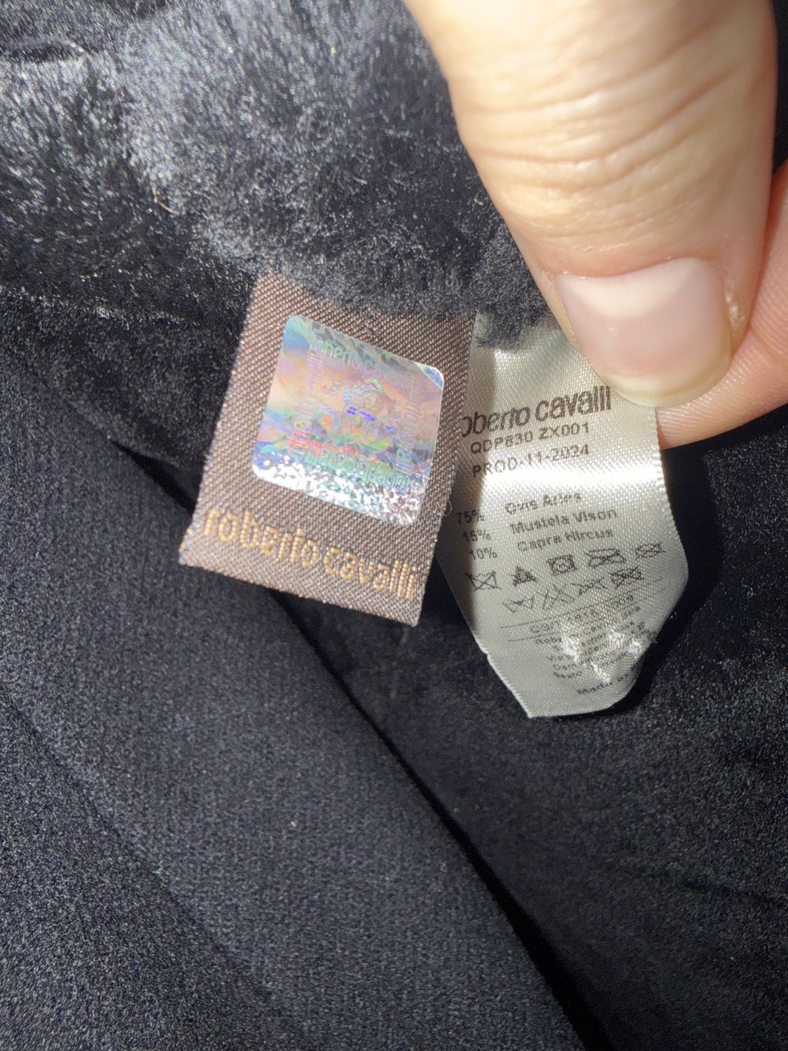 Metallic Leather Shearling Jacket — label composition