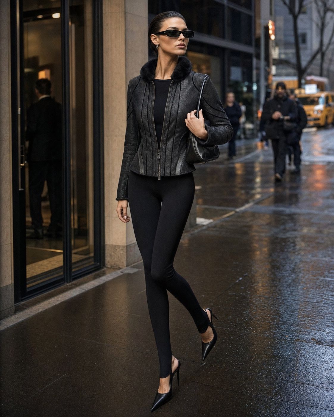 Metallic Leather Shearling Jacket — editorial nyc street rain