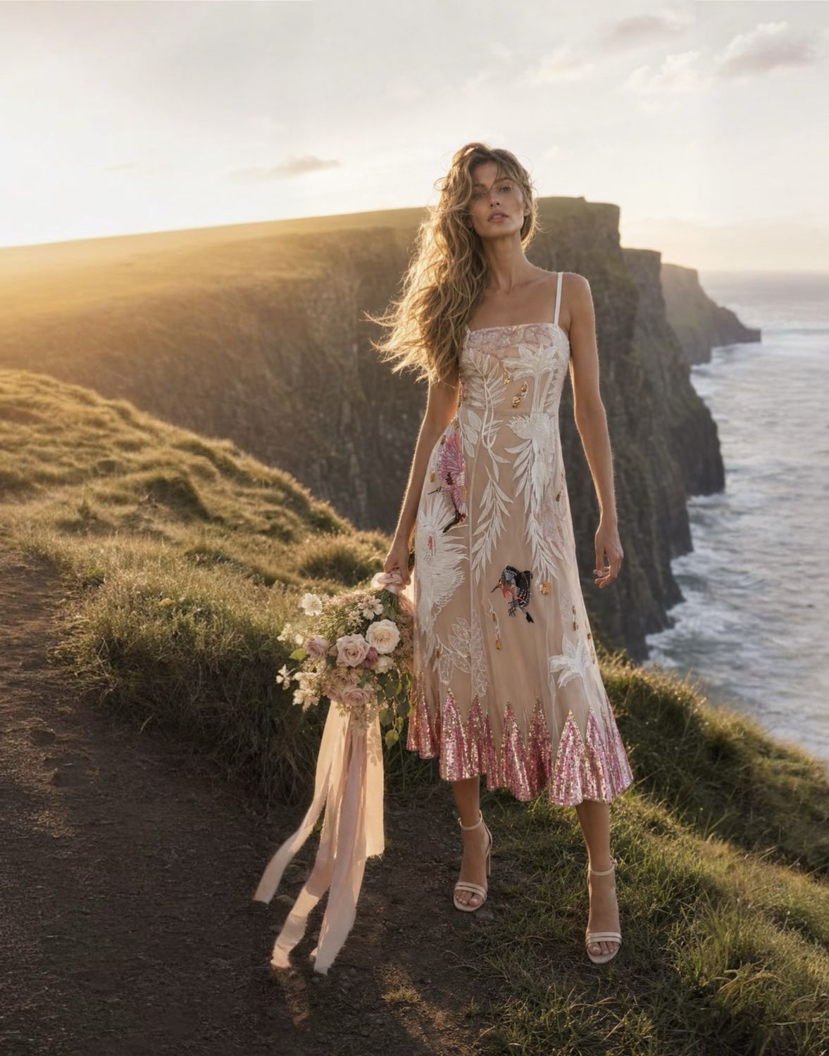 An embroidered opera set worn on the Irish cliffs at sunset